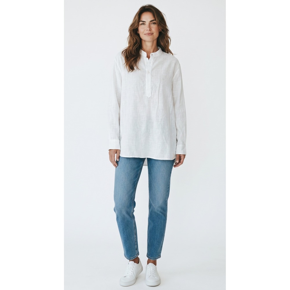 White Linen Blend Band Collar Henley Tunic Blouse Long Sleeve Top Large